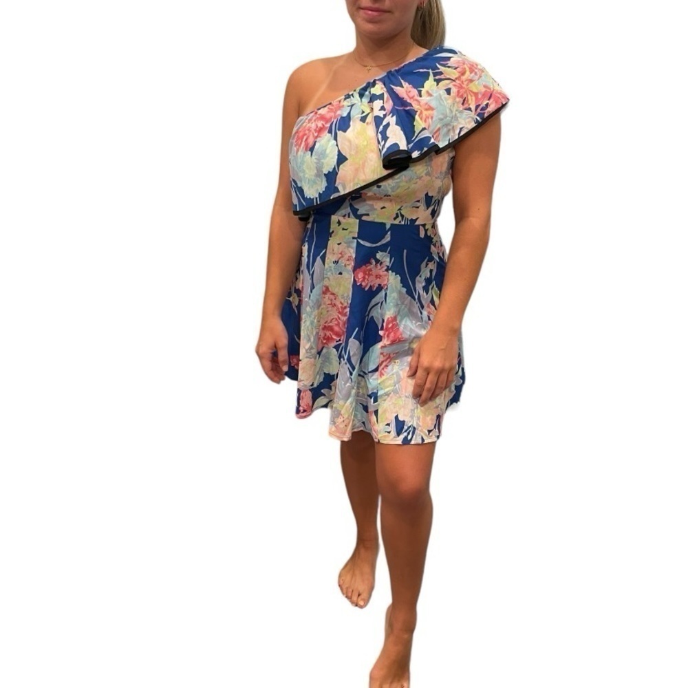 Yumi Kim Blue Floral One Shoulder Mini Dress.Size S